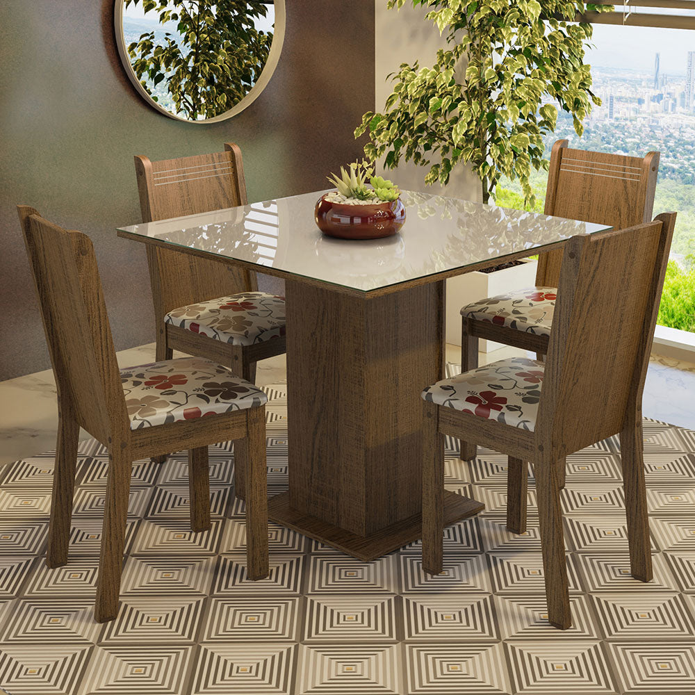 Juego de Comedor Mesa Tapa de Vidrio 4 Sillas Marrón/Crema/Hibiscos Perla Madesa