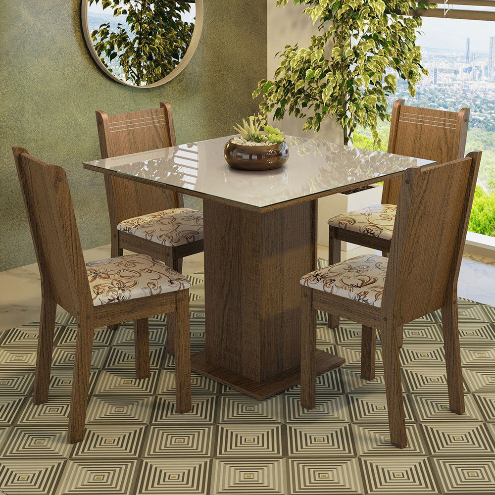 Juego de Comedor Mesa Tapa de Vidrio 4 Sillas Marrón/Crema/Lírio Beige Perla Madesa