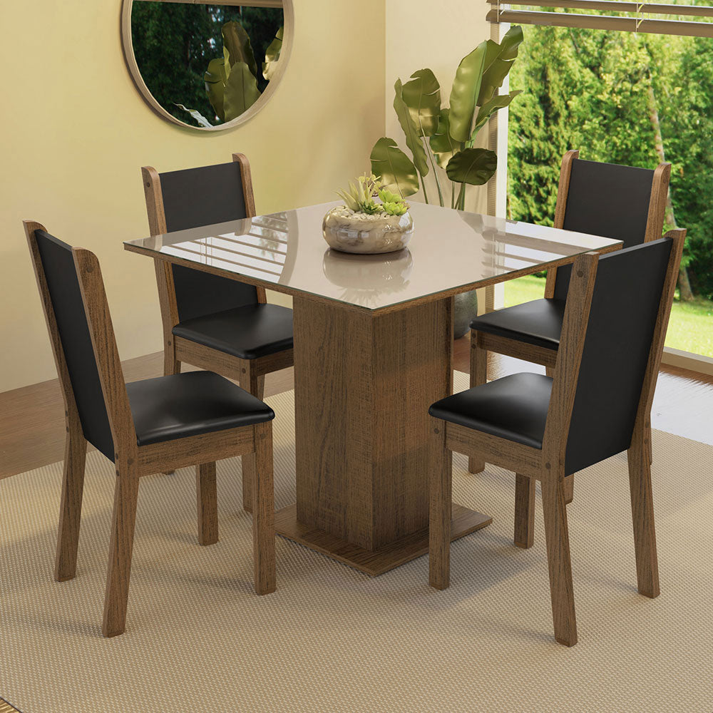 Juego de Comedor Mesa con Tapa de Vidrio 4 Sillas Marrón/Crema/Beige Tifani Madesa