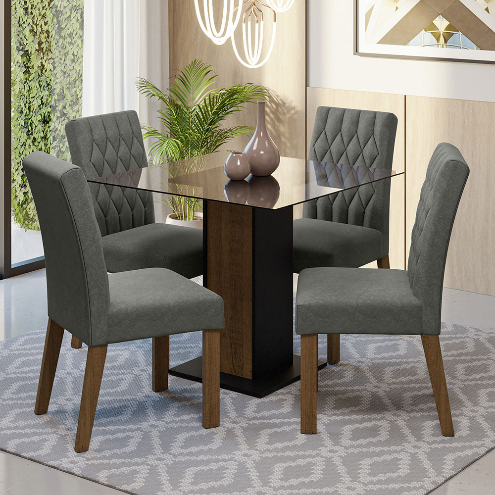 Juego de Comedor Mesa Tapa de Vidrio 4 Sillas Marrón/Negro/Silver Noemi Madesa