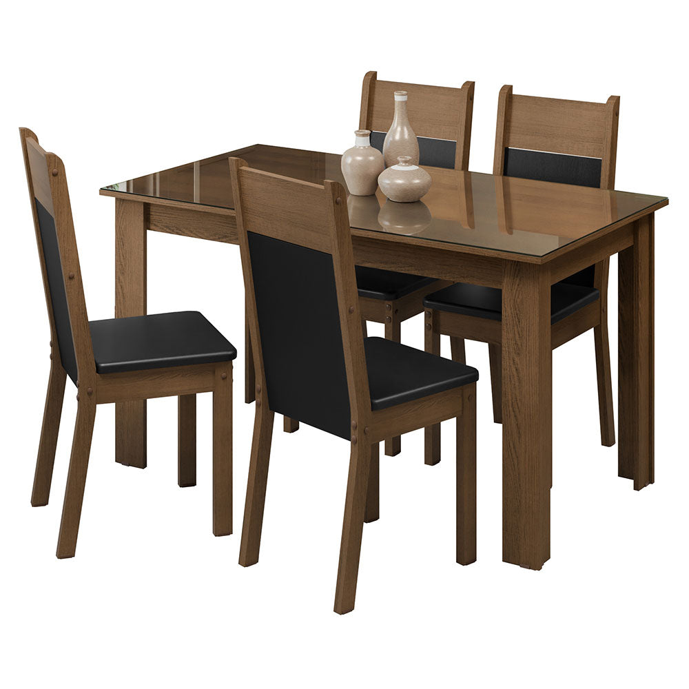 Juego de Comedor con Mesa de Tapa de Vidrio y 4 Sillas Marrón/Negro Eloá Madesa
