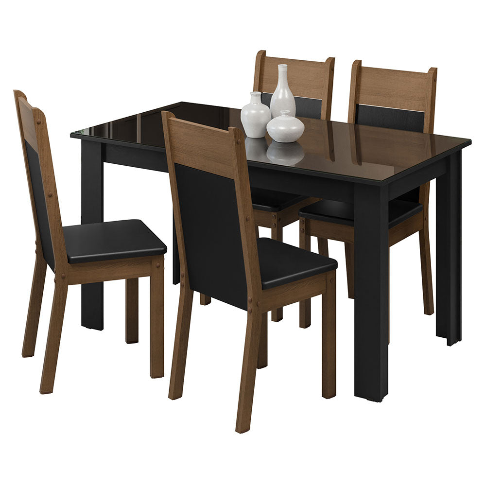 Juego de Comedor con Mesa de Tapa de Vidrio y 4 Sillas Negro/Marrón Eloá Madesa