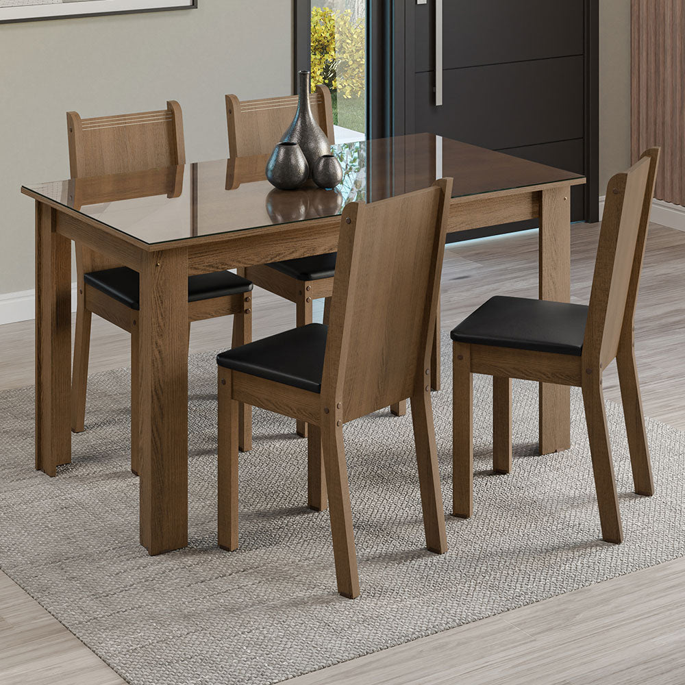 Juego de Comedor Mesa Tapa de Vidrio 4 Sillas Marrón/Sintético Negro Kiara Madesa