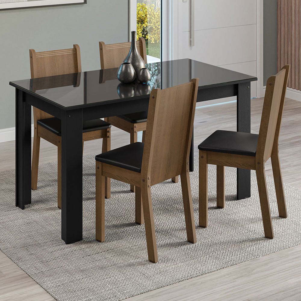Juego de Comedor Mesa Tapa de Vidrio 4 Sillas Negro/Marrón Kiara Madesa