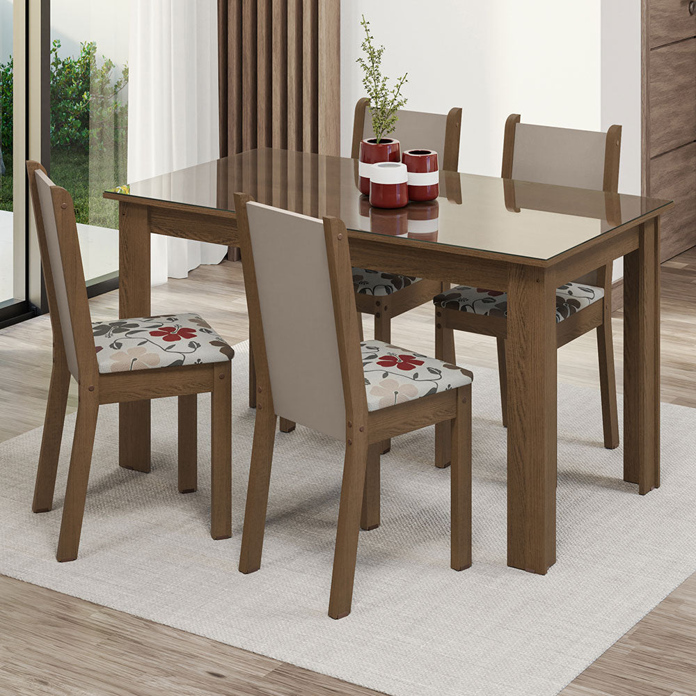Conjunto Comedor Mesa Mesada de Vidro 4 Sillas Marrón/Crema/Hibiscos Suzy Madesa