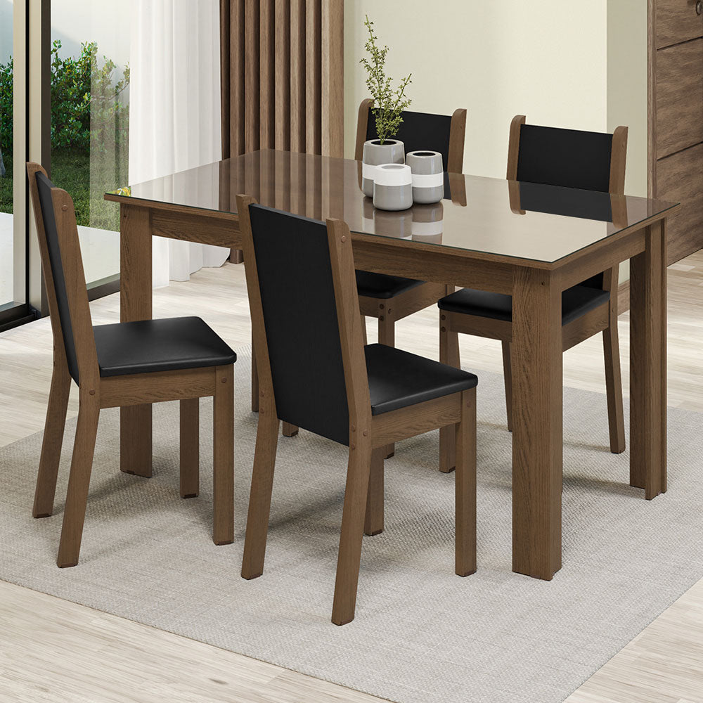 Conjunto Comedor Mesa Mesada de Vidro 4 Sillas Marrón/Negro Suzy Madesa
