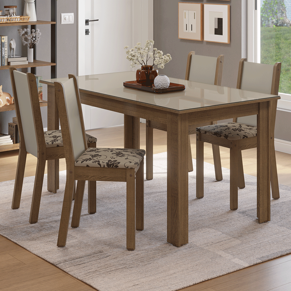 Juego Comedor Magnólia Mesa Tapa de Vidrio 4 Sillas Marrón/Crema/Beige Marrón Madesa