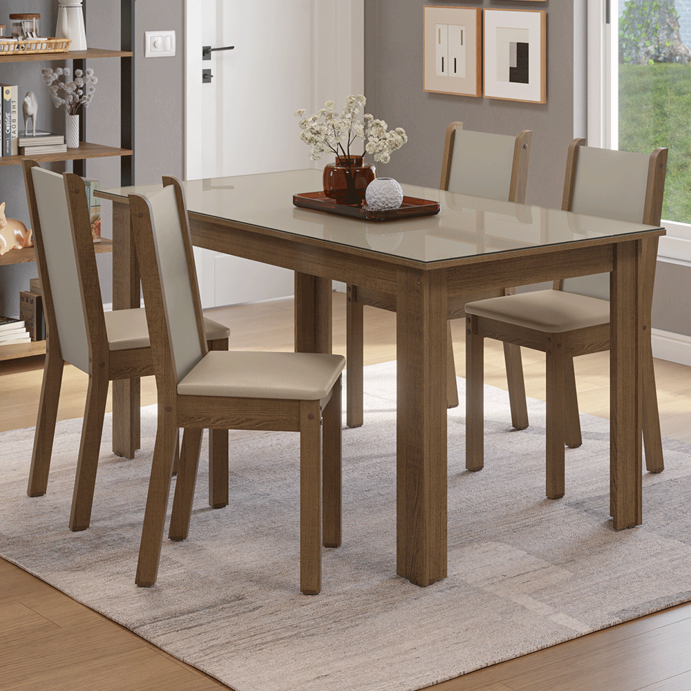Juego Comedor Magnólia Mesa Tapa de Vidrio 4 Sillas Marrón/Crema/Sintético Beige Madesa
