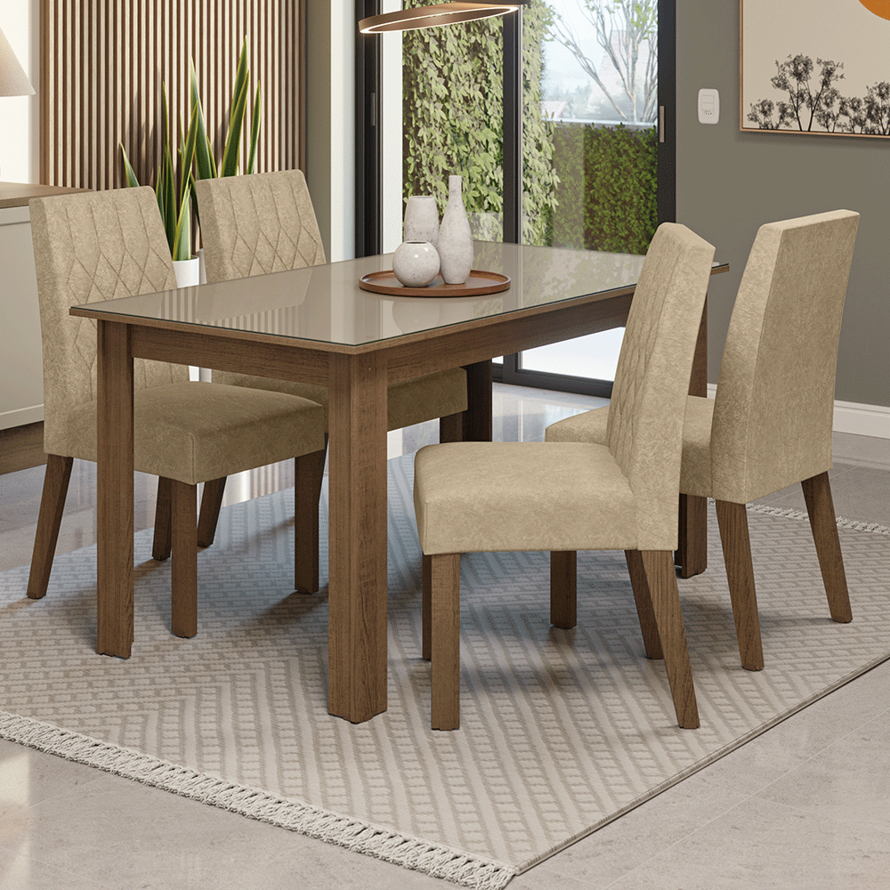 Juego Comedor Vanilla Mesa Tapa de Vidrio 4 Sillas Marrón/Crema/Gamuza Imperial Madesa