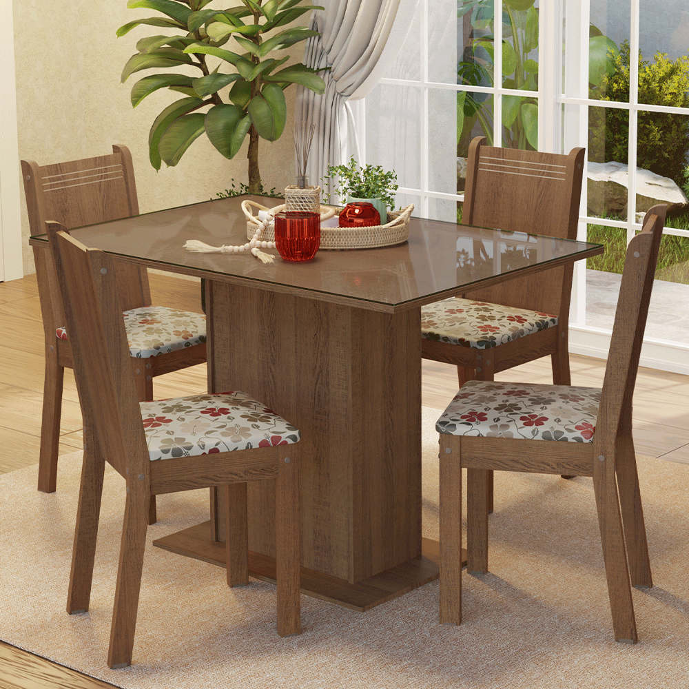 Conjunto Comedor Mesa Mesada de Vidro 4 Sillas Marrón/Hibiscos Camélia Madesa