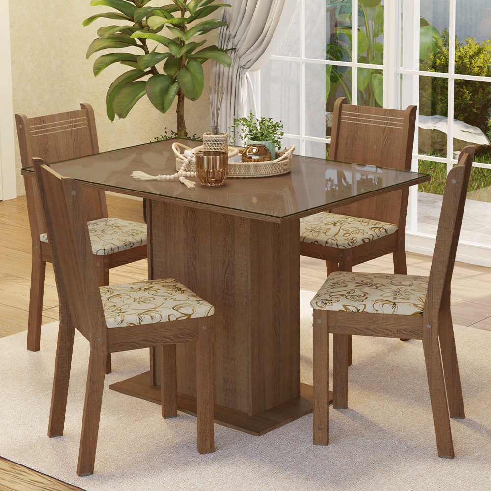 Conjunto Comedor Mesa Mesada de Vidro 4 Sillas Marrón/Lírio Bege Camélia Madesa