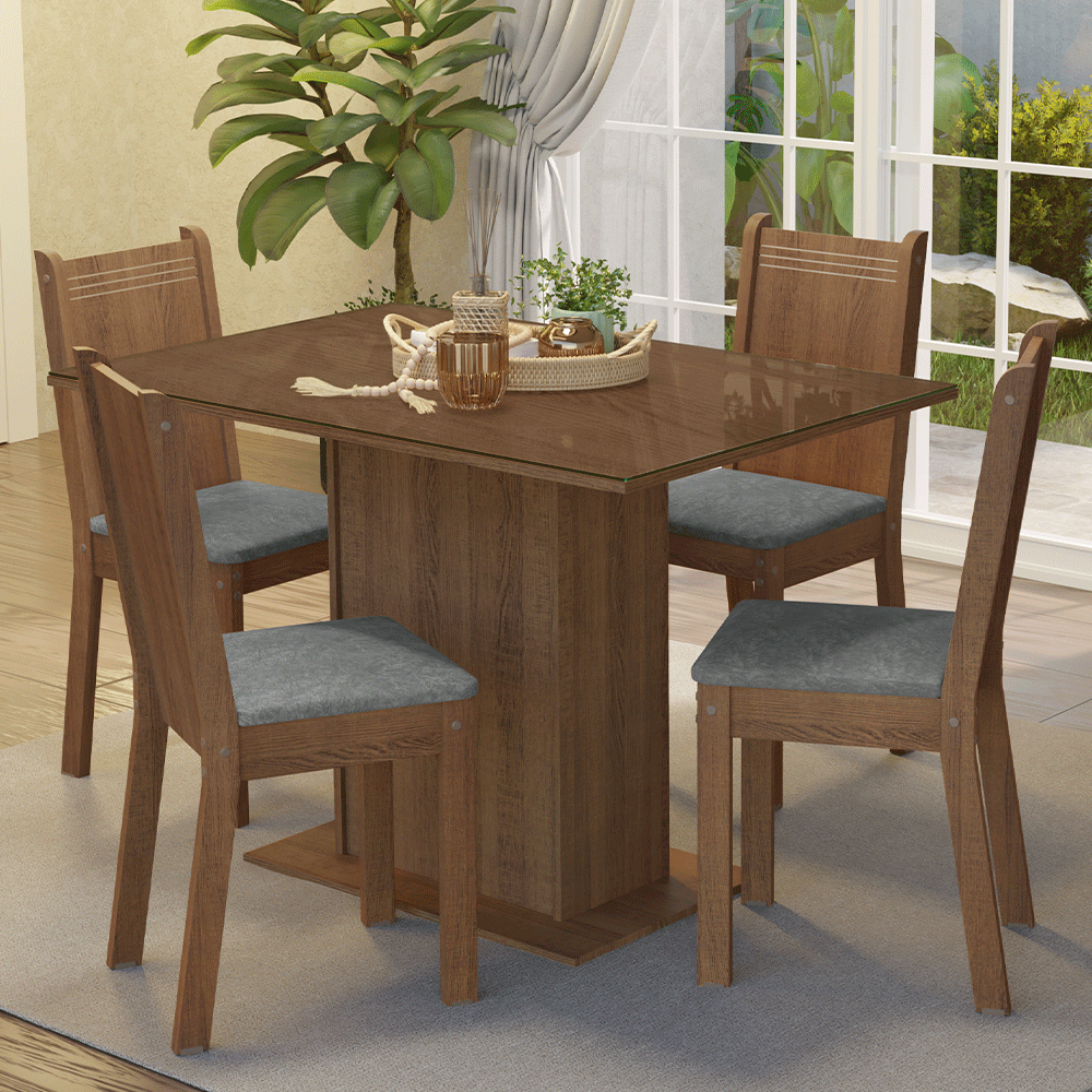 Juego de Comedor Mesada de Vidrio 4 Sillas Camélia Marrón/Silver