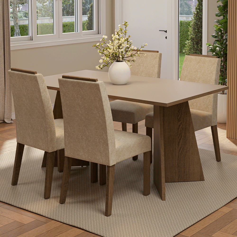 Juego de Comedor Mesada de Madera 4 Sillas Évora Marrón/Crema/Imperial