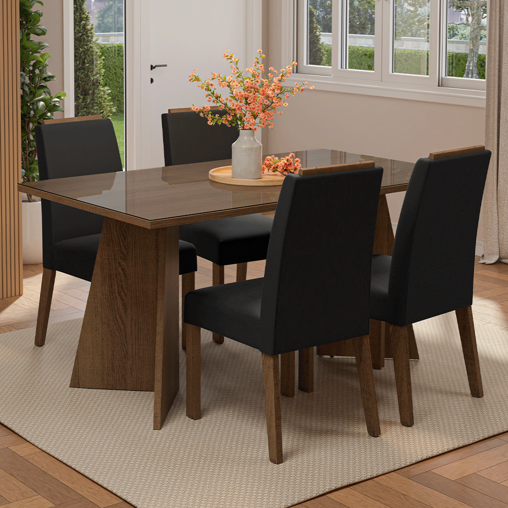 Juego de Comedor Mesada de Vidrio 4 Sillas Braga Marrón/Oxford