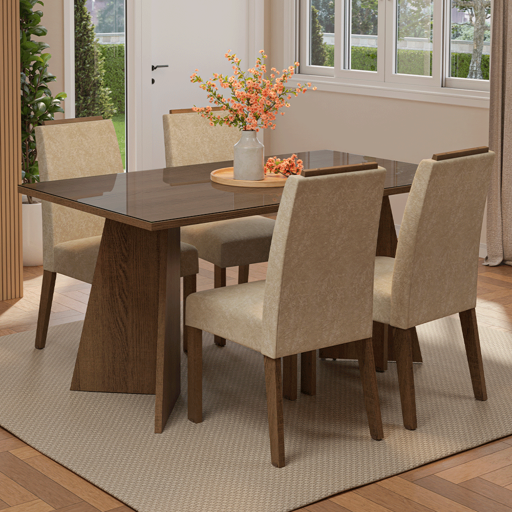 Juego de Comedor Mesada de Vidrio 4 Sillas Braga Marrón/Imperial