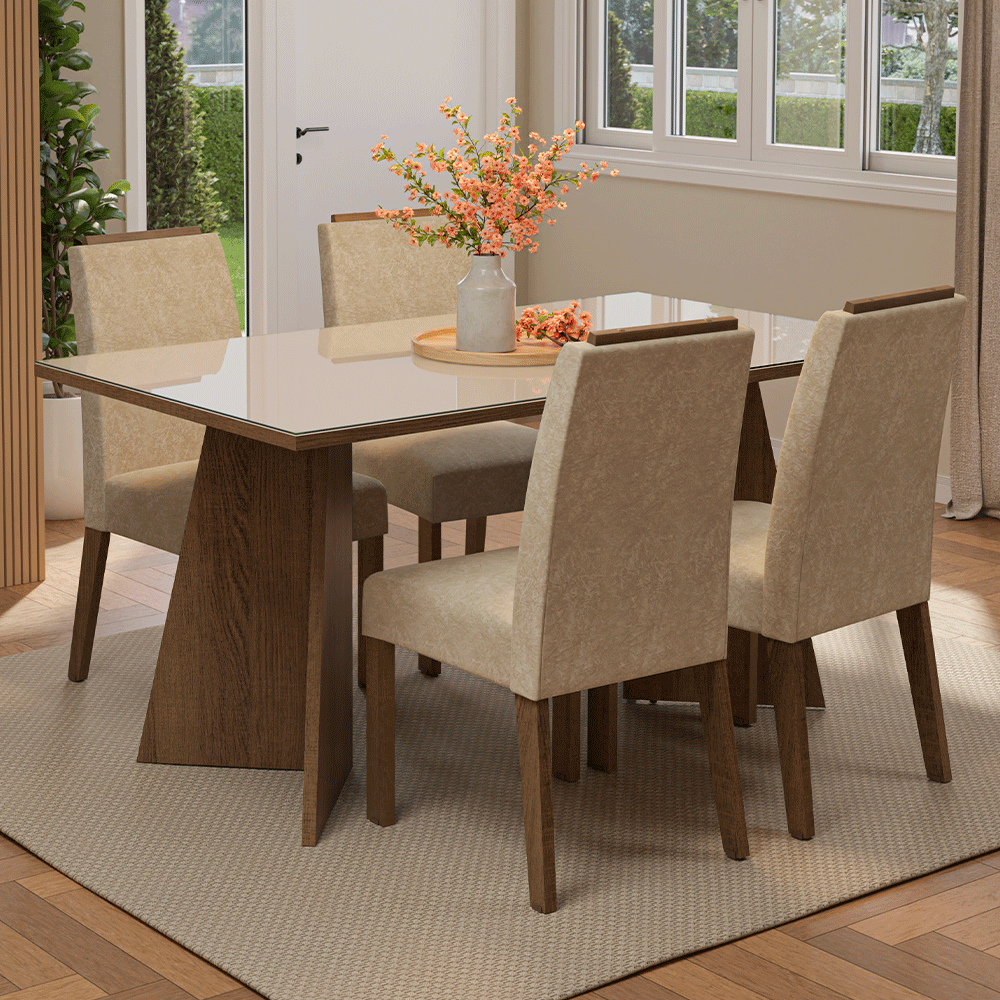 Juego de Comedor Mesada de Vidrio 4 Sillas Braga Marrón/Crema/Imperial