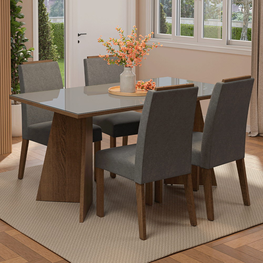 Juego de Comedor Mesada de Vidrio 4 Sillas Braga Marrón/Gris/Silver