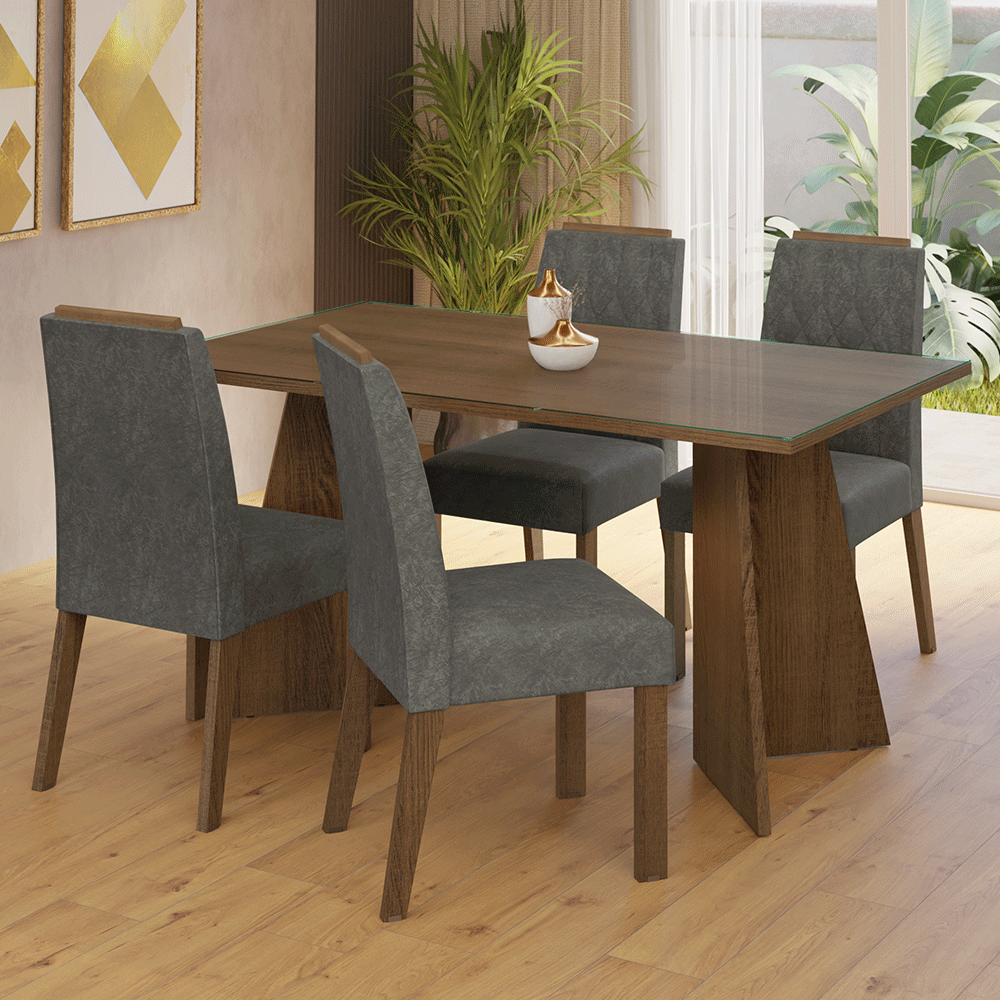Juego de Comedor Mesada de Vidrio 4 Sillas Porto Marrón/Silver