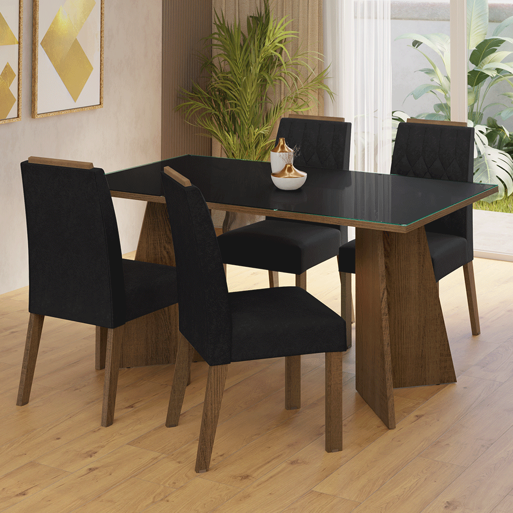 Juego de Comedor Mesada de Vidrio 4 Sillas Porto Marrón/Negro/Oxford