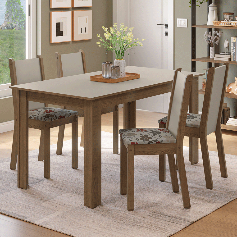 Juego de Comedor Alva Mesa Tapa de Madera 4 Sillas Marrón/Crema/Floral Hibiscus Madesa