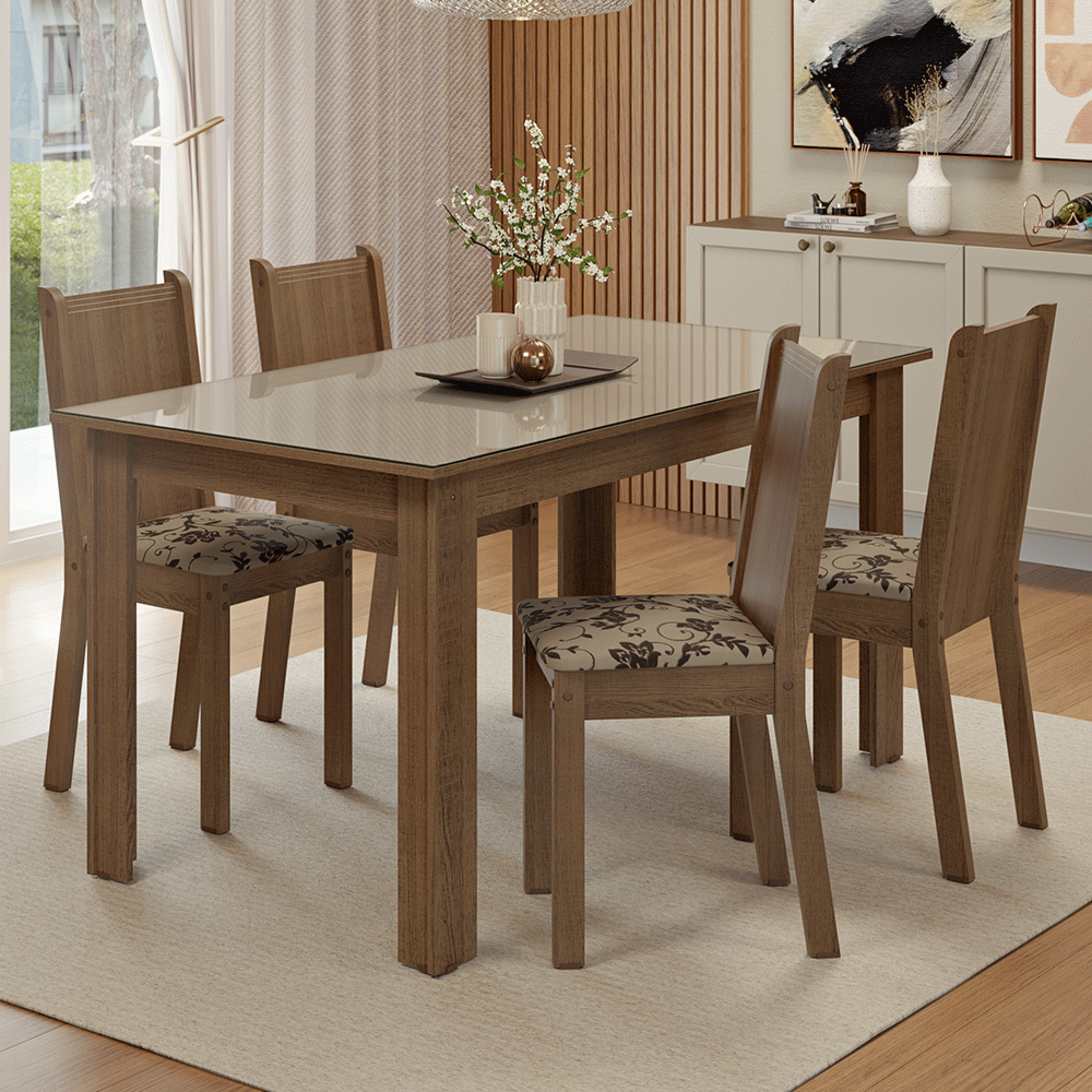 Juego de Comedor Mesa Tapa de Vidrio 4 Sillas Marrón/Crema/Tapizado Beige Marrón Madesa