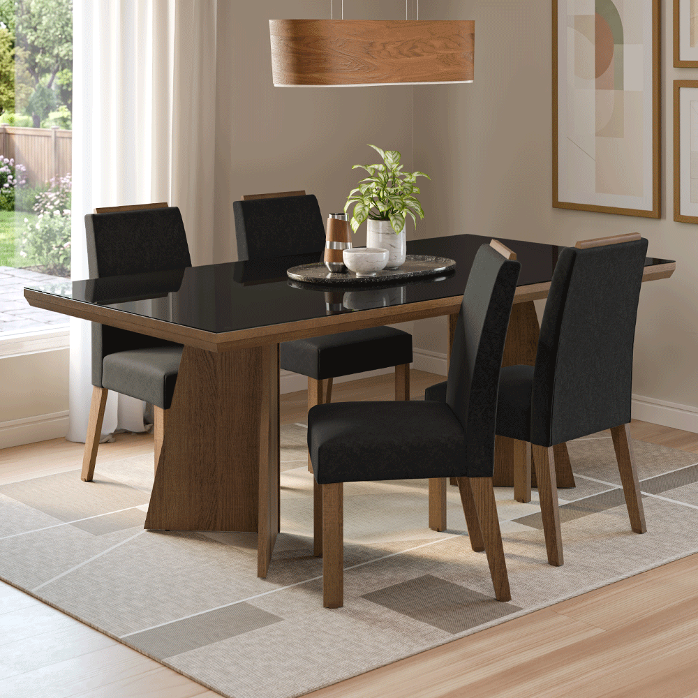 Juego de Comedor Tapa con Vidrio 4 Sillas Marrón/Negro/Oxford Todi Madesa
