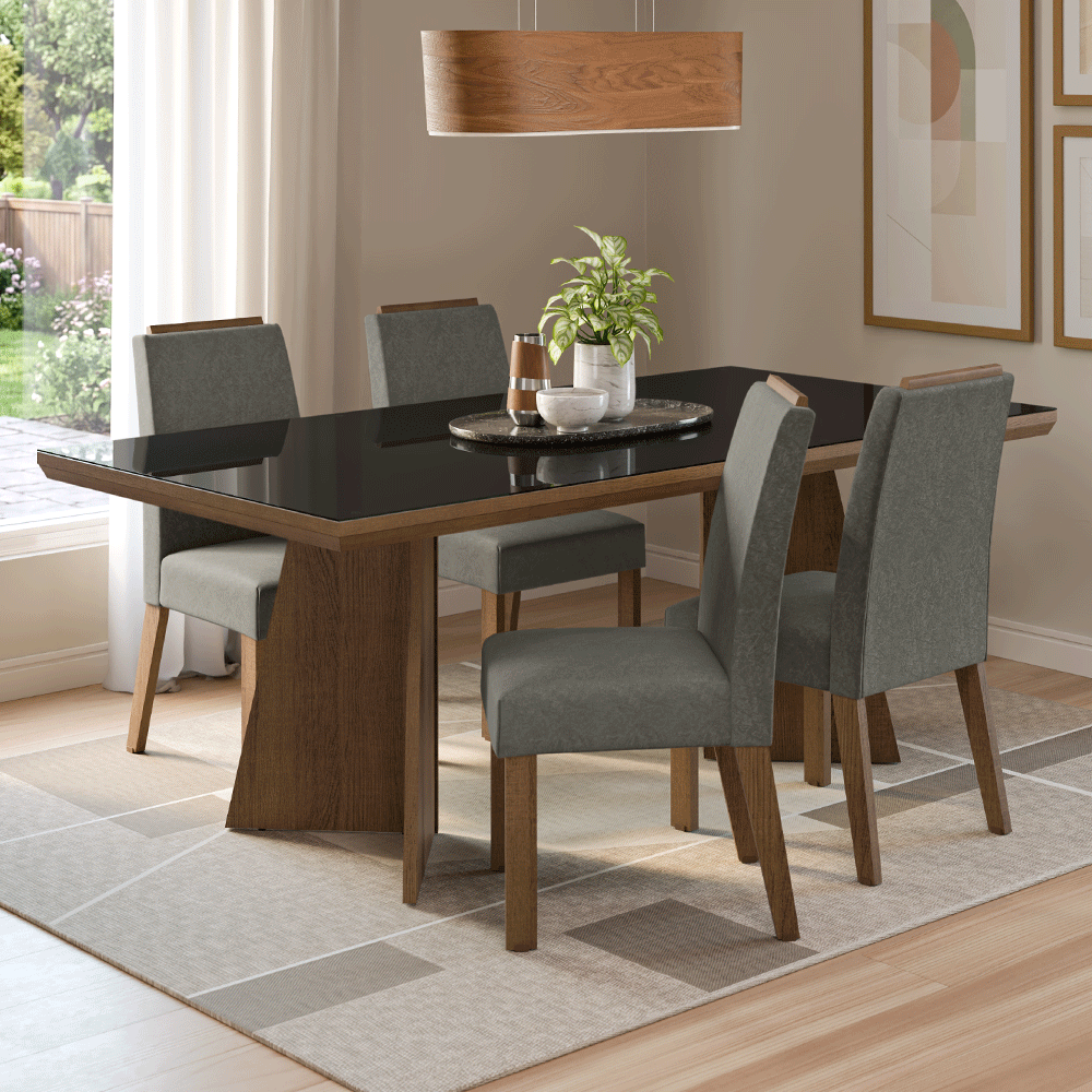 Juego de Comedor Tapa con Vidrio 4 Sillas Marrón/Negro/Silver Todi Madesa