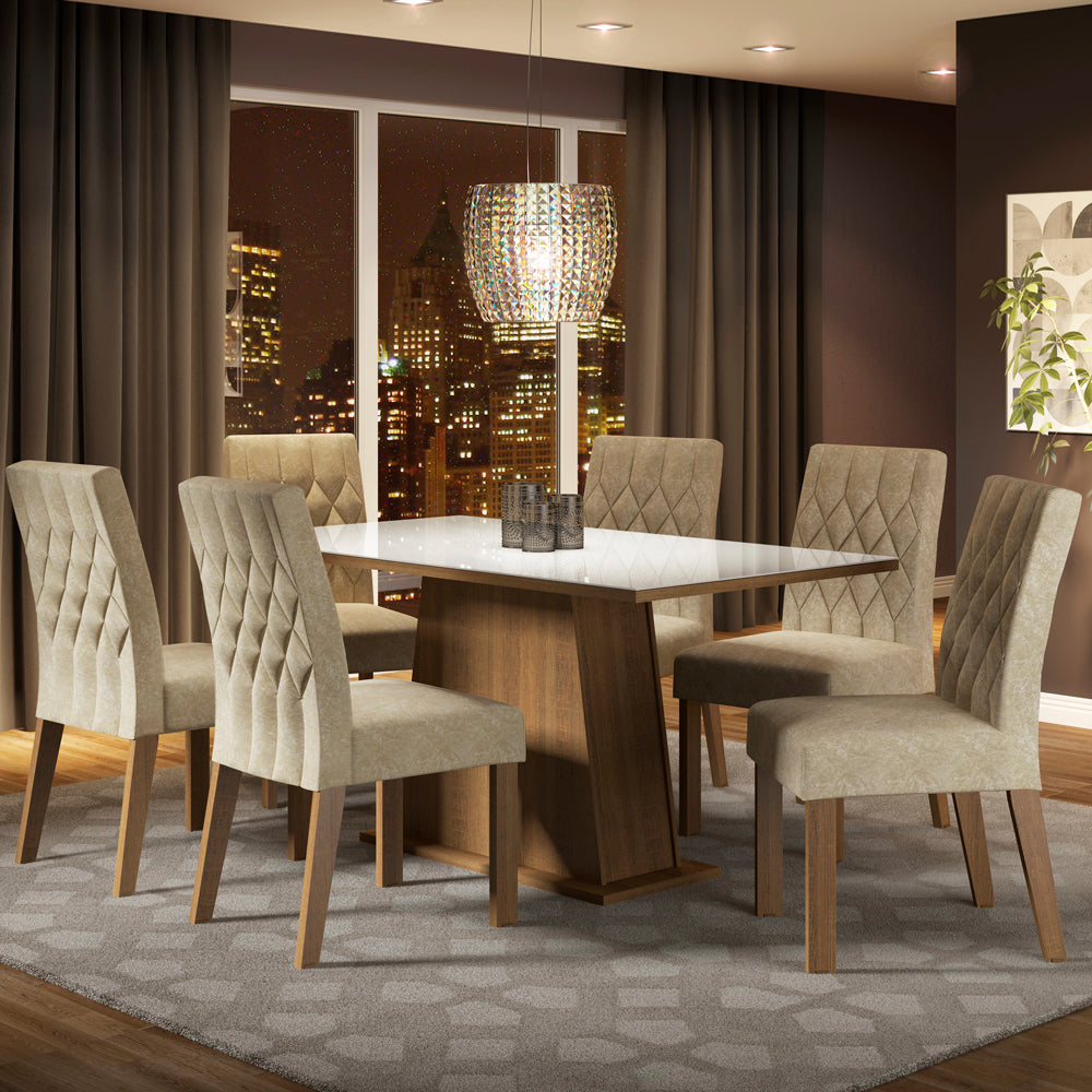 Juego de Comedor Madesa Rafaela Mesa Tapa de Vidrio con 6 Sillas Marrón/Blanco/Imperial