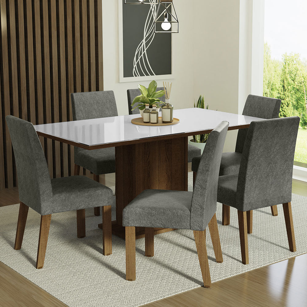 Juego de Comedor Mesa Tapa de Vidrio 6 Sillas Marrón/Blanco/Silver Alexis Madesa