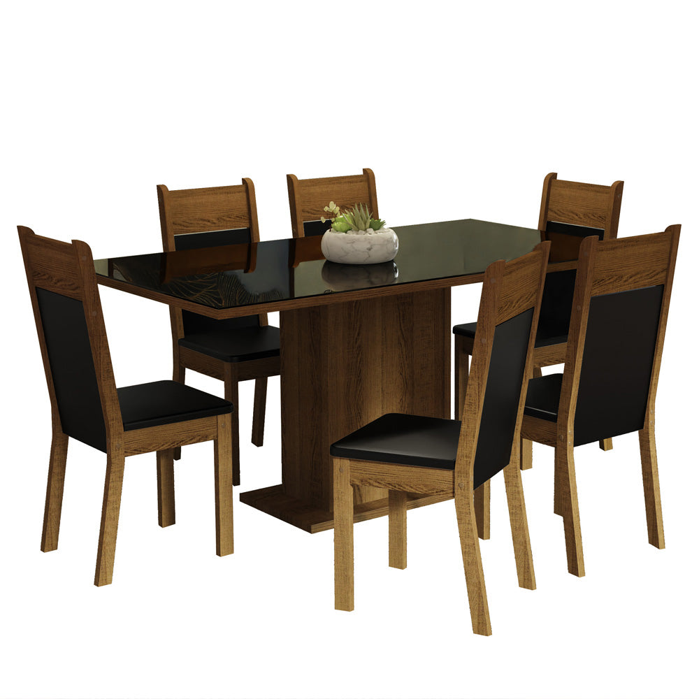 Juego de Comedor con Tapa de Madera y Vidrio 6 Sillas Negro/Marrón Francine