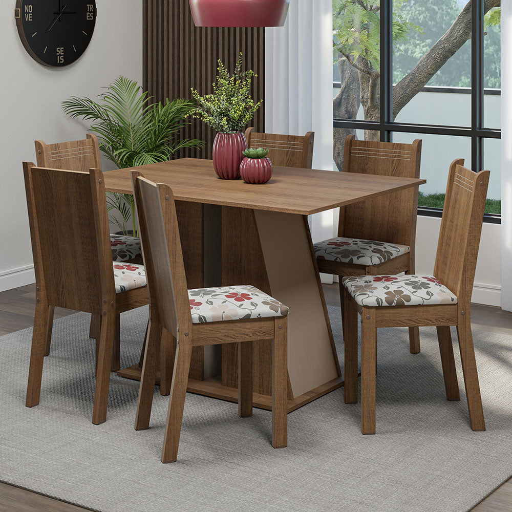 Juego de Comedor Mesa Tapa de Madera 6 Sillas Marrón/Crema/Hibiscos Sharon Madesa