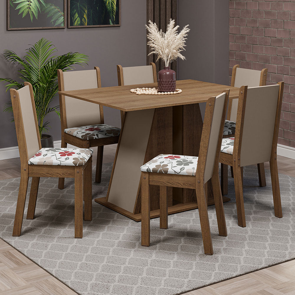 Juego de Comedor Mesa Tapa de Madera 6 Sillas Marrón/Crema/Hibiscos Wendy Madesa