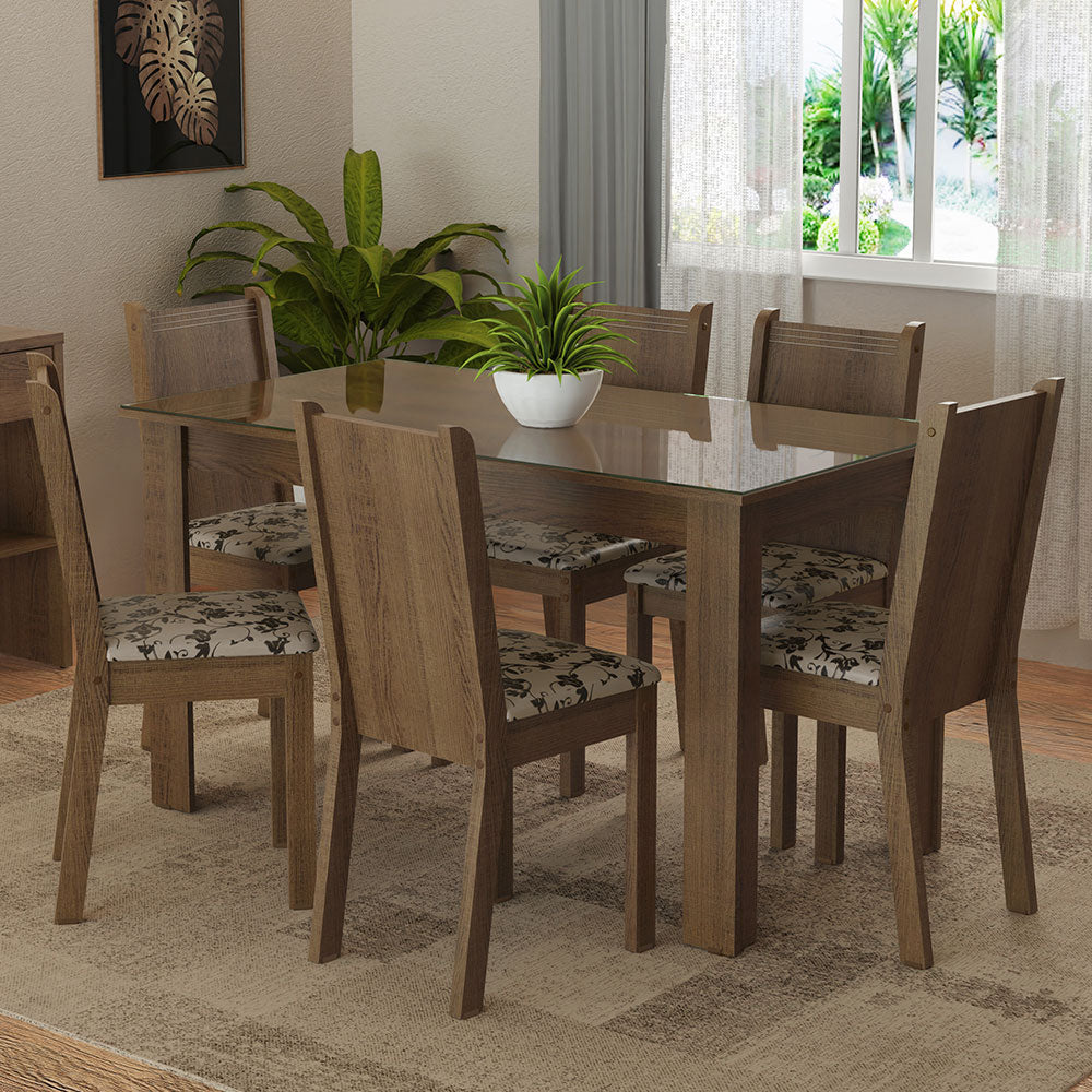 Juego de Comedor Mesa Tapa de Vidrio 6 Sillas Marrón/Tapizado Beige Marrón Isla Madesa