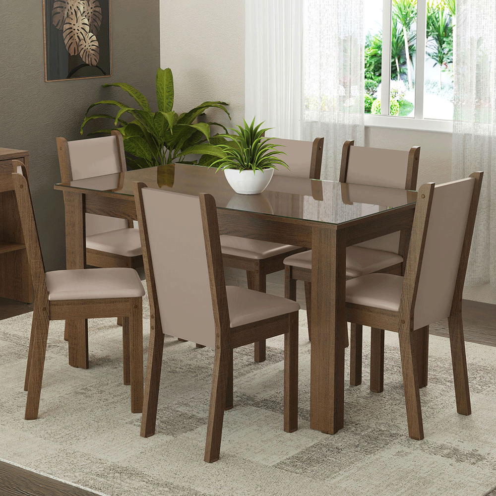 Juego Comedor Mesa con Tapa de Vidrio 6 Sillas Marrón/Crema/Beige Heloísa Madesa