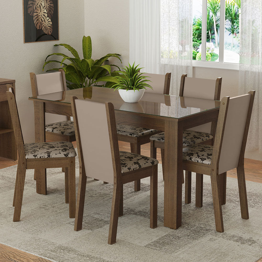 Juego de Comedor Mesa Tapa de Vidrio 6 Sillas Marrón/Crema/Tapizado Beige Marrón Heloísa Madesa