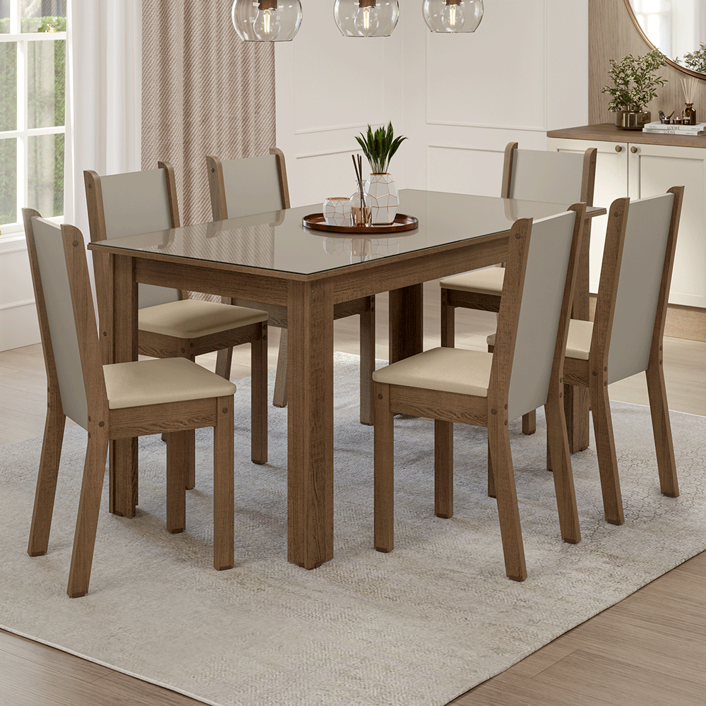 Juego Comedor Elóra Mesa Tapa de Vidrio 6 Sillas Marrón/Crema/Sintético Beige Madesa