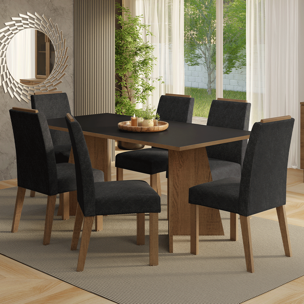 Juego de Comedor Mesada de Madera 6 Sillas Minsk Marrón/Negro/Silver