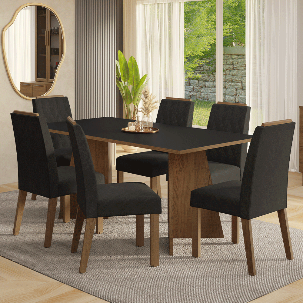 Juego de Comedor Mesada de Madera 6 Sillas York Marrón/Negro/Oxford