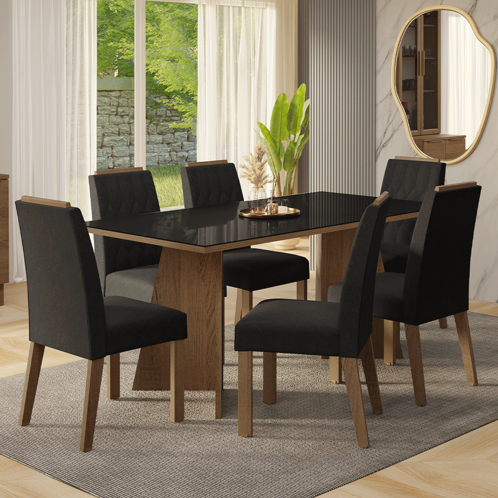 Juego de Comedor Mesada de Vidrio 6 Sillas Siena Marrón/Negro/Oxford
