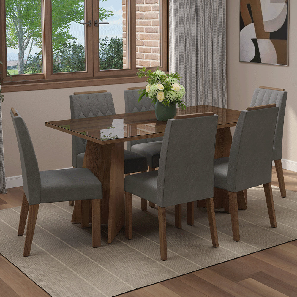 Juego de Comedor Mesada de Vidrio 6 Sillas Sintra Marrón/Silver