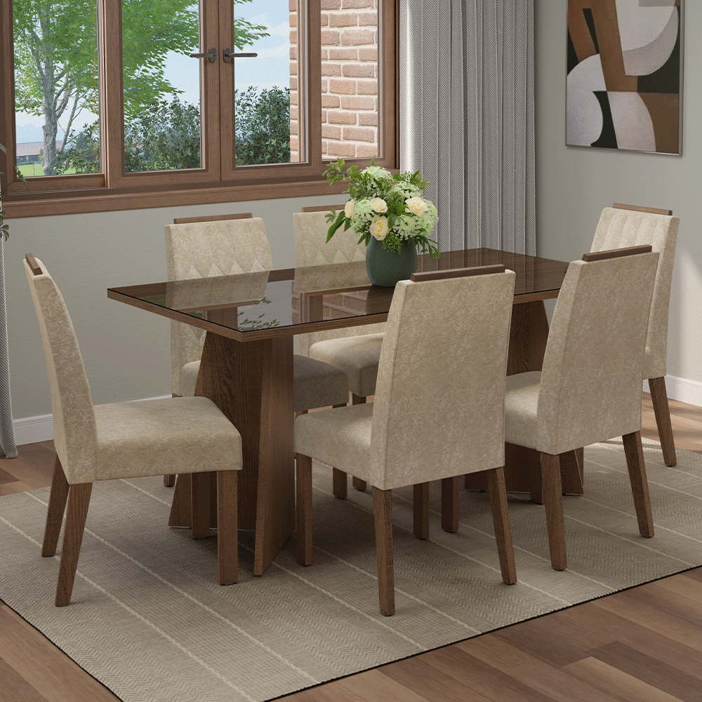 Juego de Comedor Mesada de Vidrio 6 Sillas Sintra Marrón/Imperial