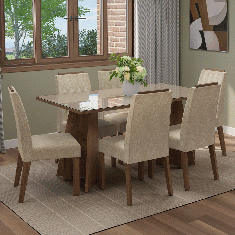 Juego de Comedor Mesada de Vidrio 6 Sillas Sintra Marrón/Crema/Imperial