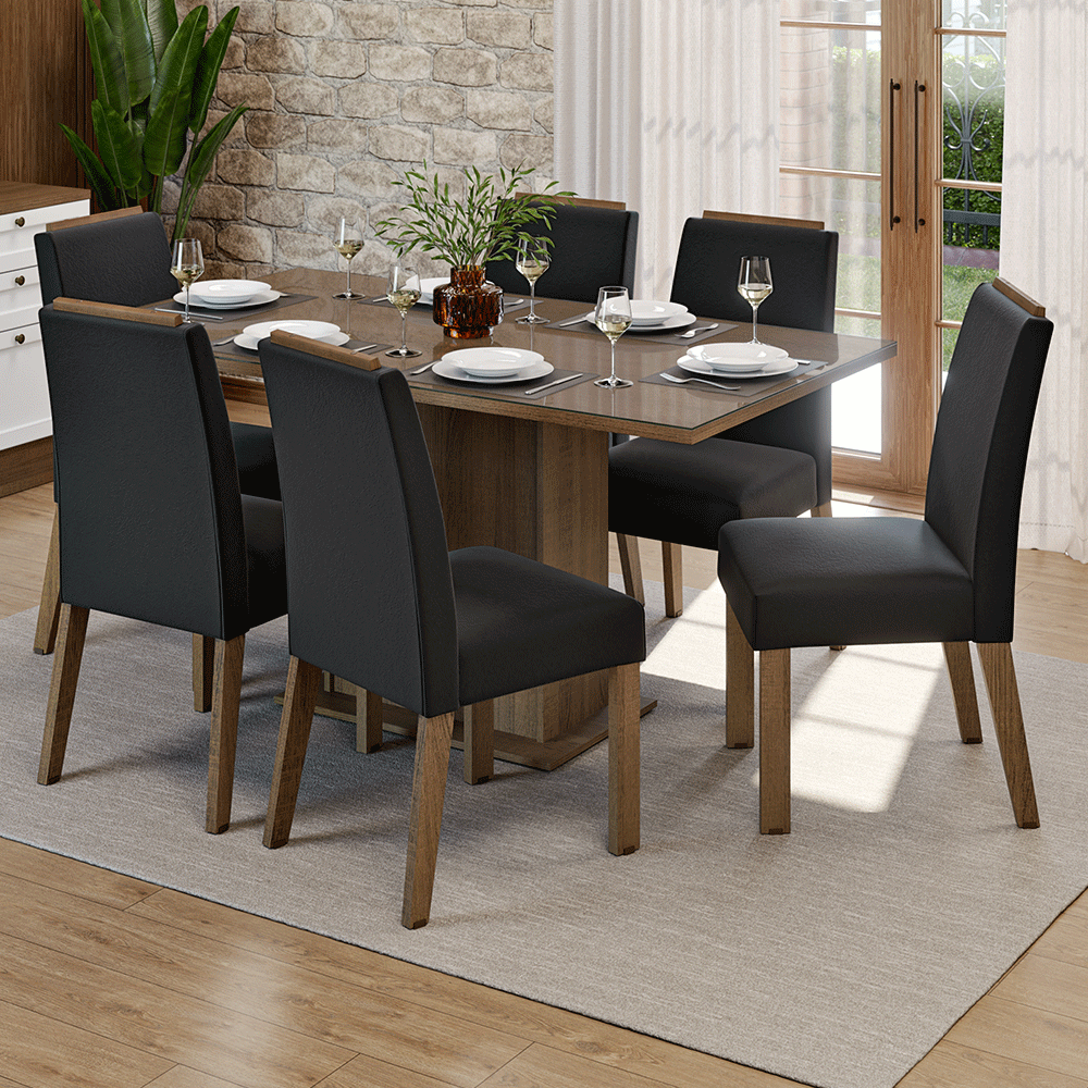 Juego de Comedor Tapa de Vidrio 6 Sillas Marrón/Oxford Dália Madesa