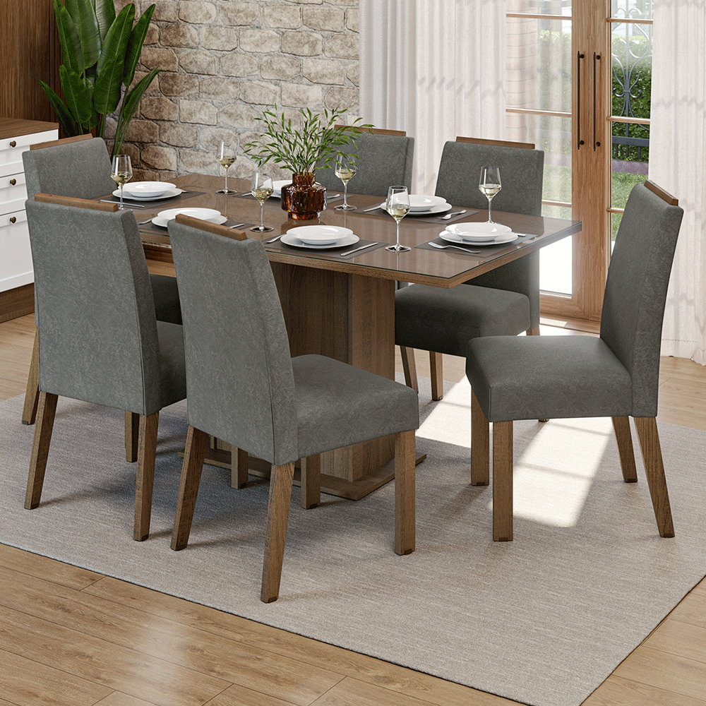 Juego de Comedor Tapa de Vidrio 6 Sillas Marrón/Silver Dália Madesa