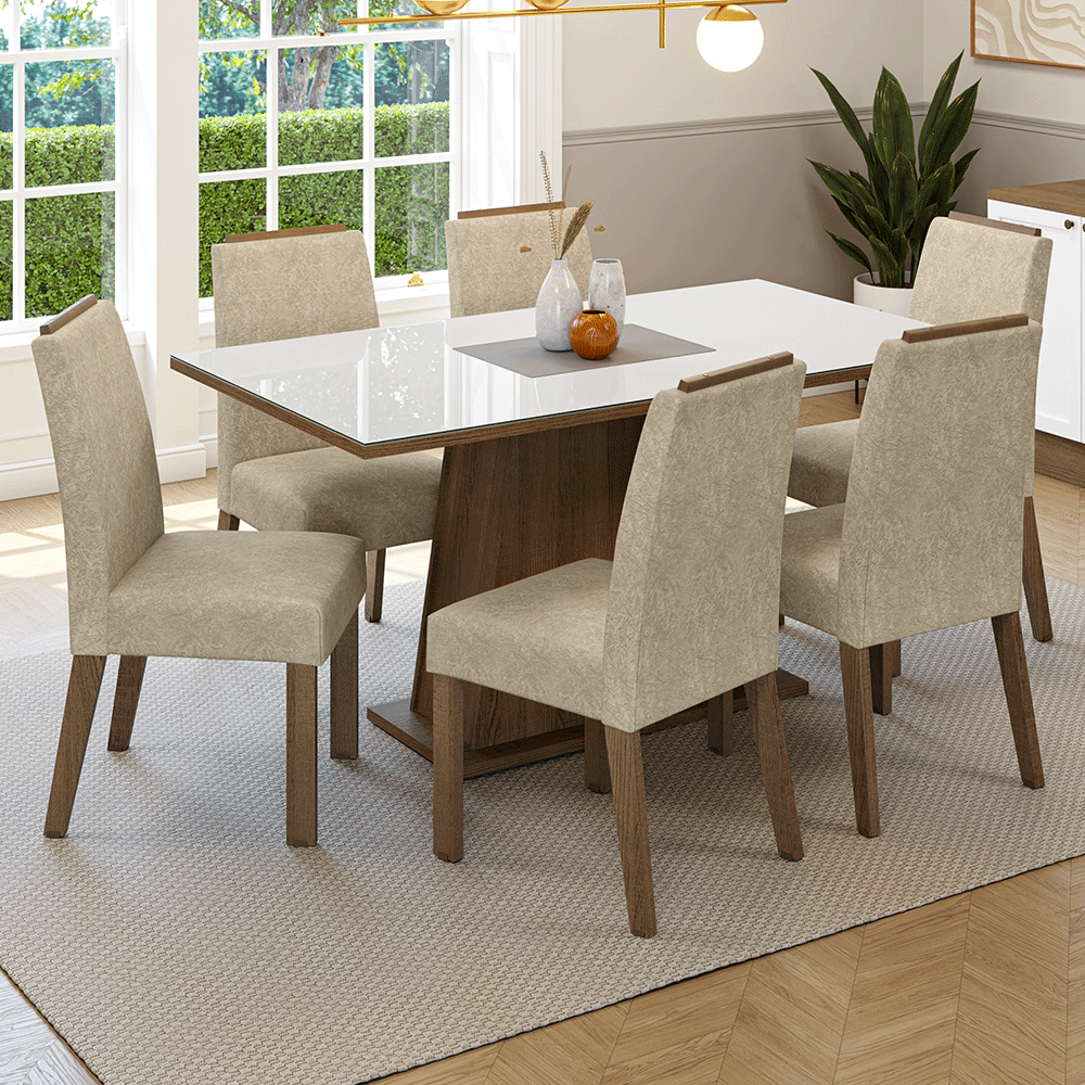 Juego de Comedor Tapa de Vidrio 6 Sillas Marrón/Blanco/Imperial Tulipa Madesa