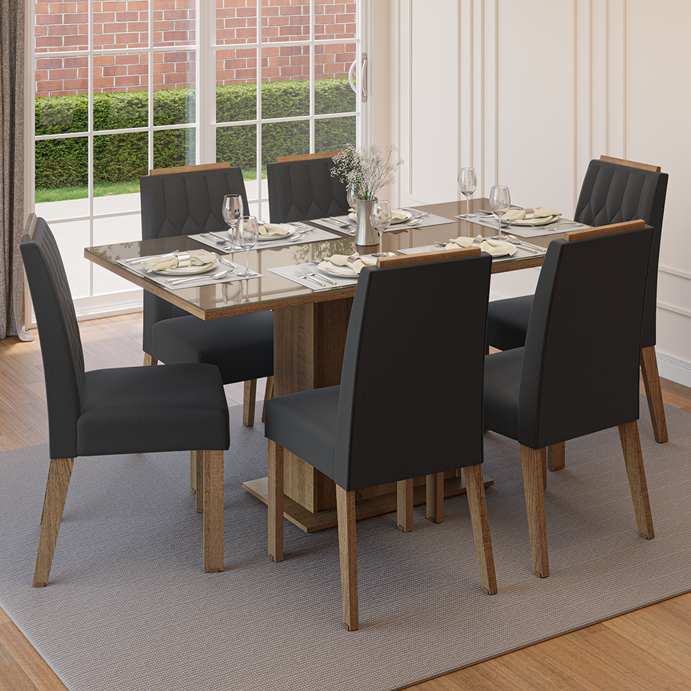 Juego de Comedor Tapa de Vidrio 6 Sillas Marrón/Oxford Azaleia Madesa