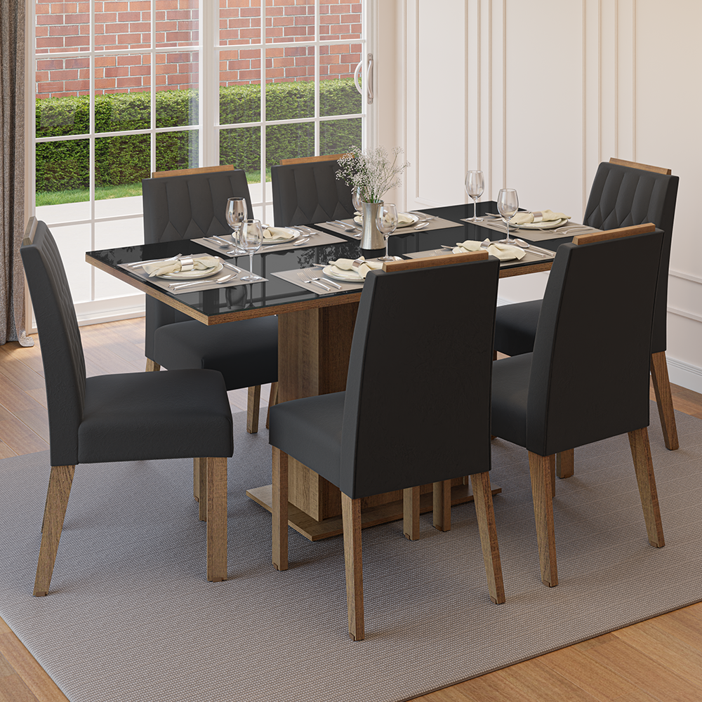 Juego de Comedor Tapa de Vidrio 6 Sillas Marrón/Negro/Oxford Azaleia Madesa