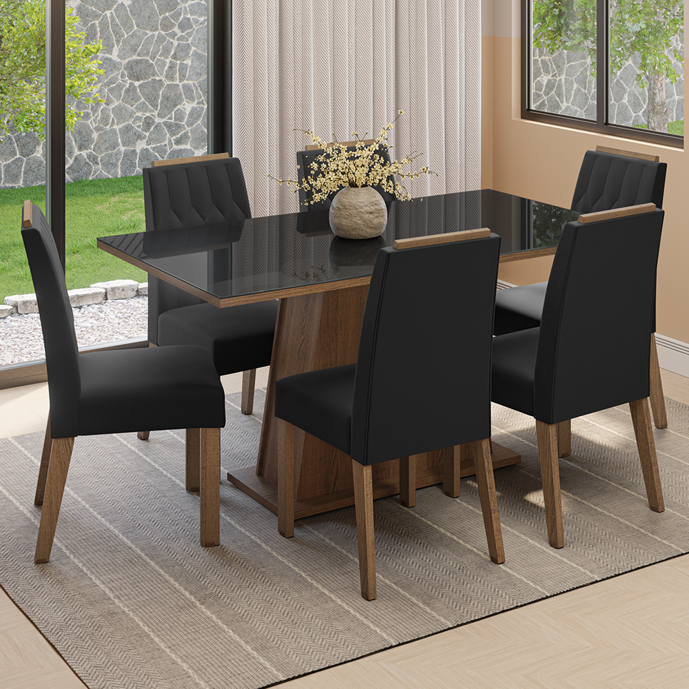 Juego de Comedor Tapa de Vidrio 6 Sillas Marrón/Negro/Oxford Peônia Madesa