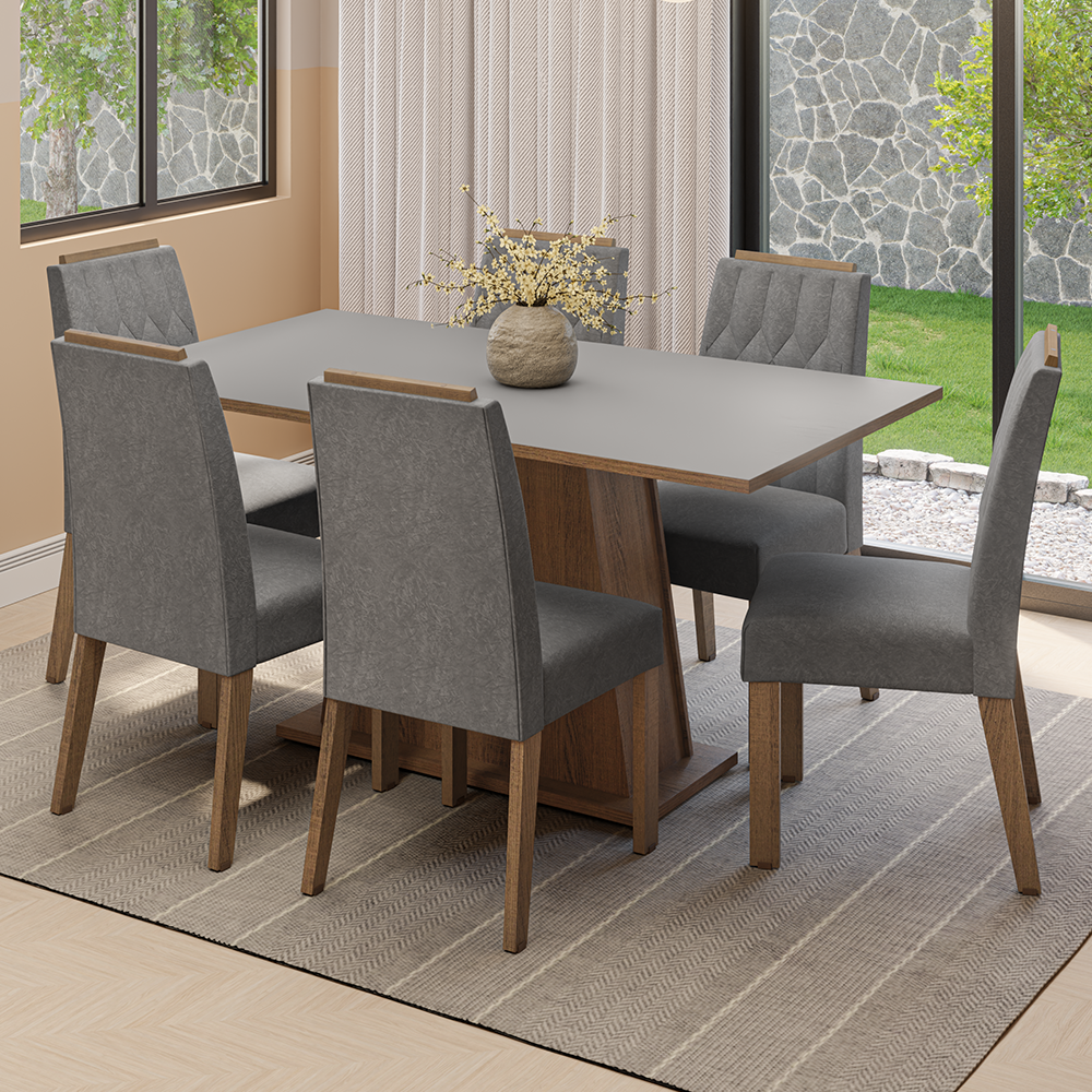 Juego de Comedor Tapa de Madera 6 Sillas Marrón/Gris/Silver Cedro Madesa