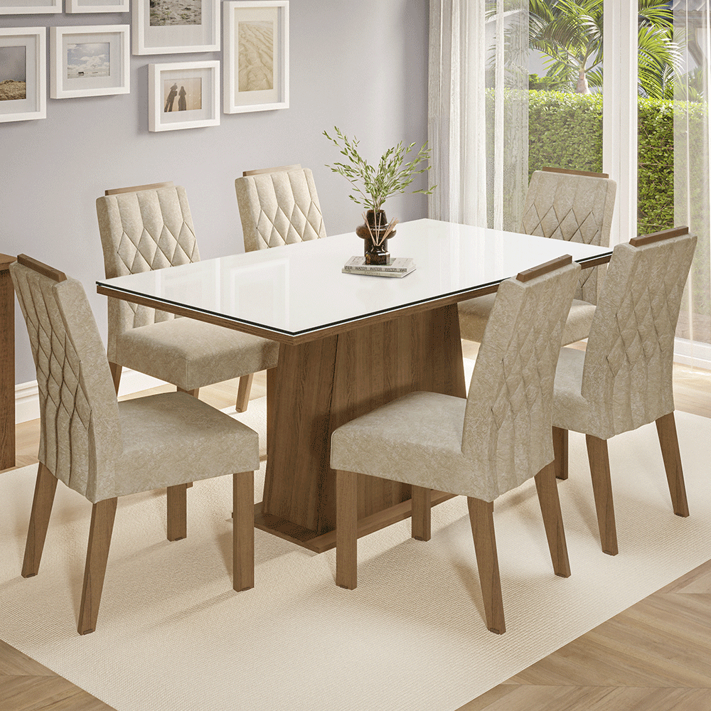 Juego de Comedor Tapa de Vidrio 6 Sillas Marrón/Blanco/Imperial Avenca Madesa